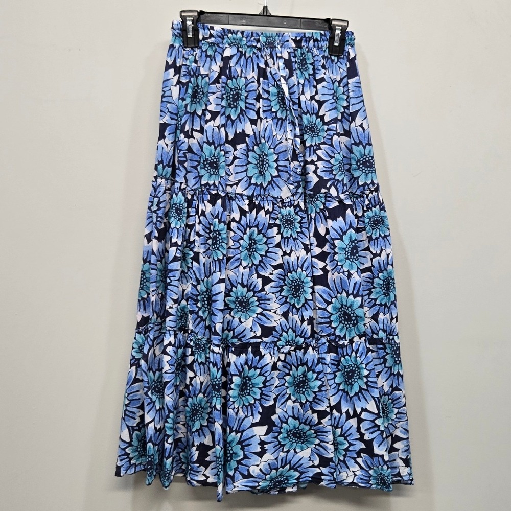 Vintage Y2K Jane Ashley Floral‎ Tiered Maxi Skirt Small Blue Flowy Boho Cottage